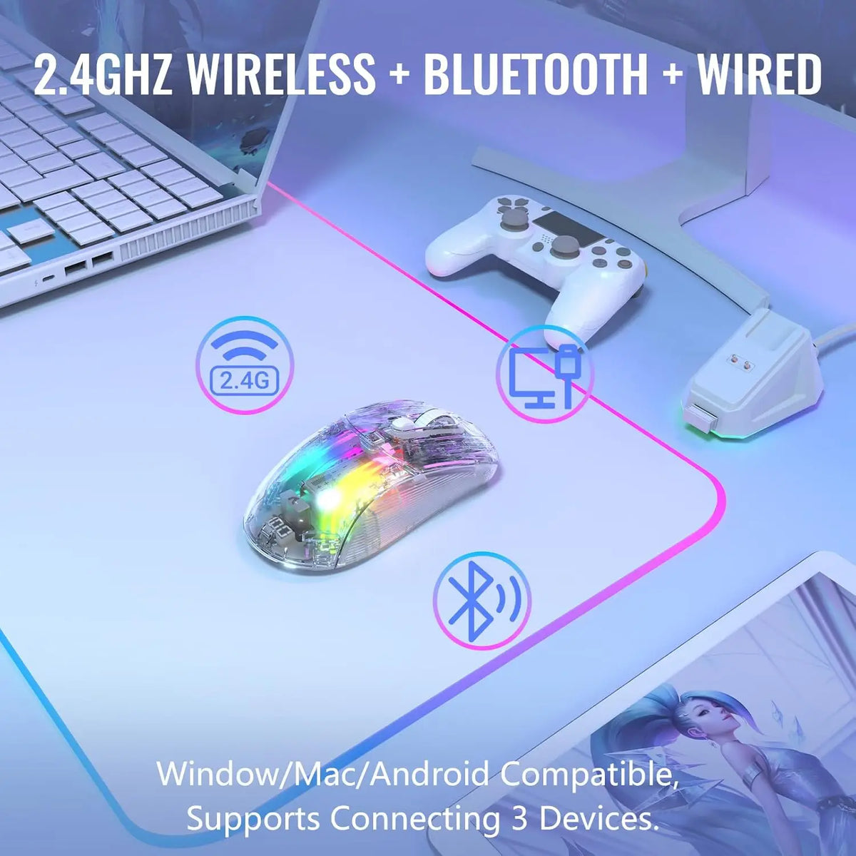 Wireless Gaming Mouse with RGB Charging Dock,Tri-Mode Mute Mouse RGB Backlit,Transparent Shell,PixArt 3212