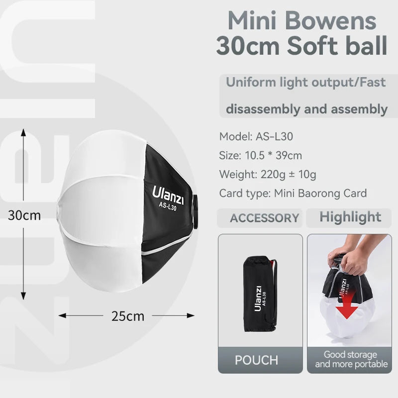 Ulanzi AS-L30 30cm Portable Globe Lantern Softbox Mini Bowens Mount Ball Diffuser Quick Install for Ulanzi LT028 40W COB LED
