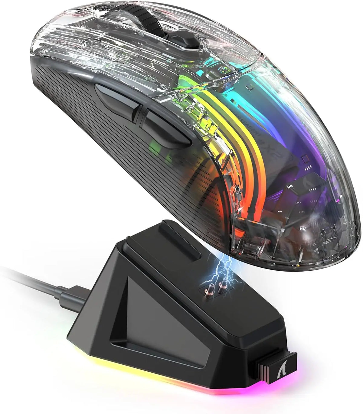 Wireless Gaming Mouse with RGB Charging Dock,Tri-Mode Mute Mouse RGB Backlit,Transparent Shell,PixArt 3212