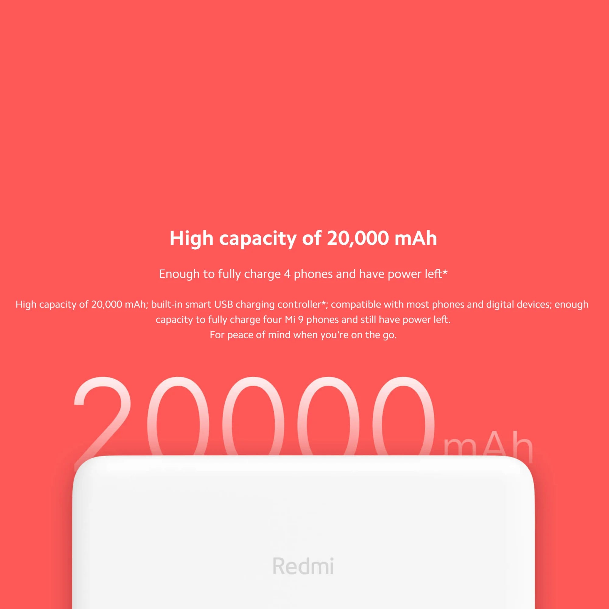 Xiaomi 20000mAh Redmi 18W Fast Charge Power Bank Black, High Capacity of 20000mAh, Two-way 18W Fast Charge, Low-current Charging