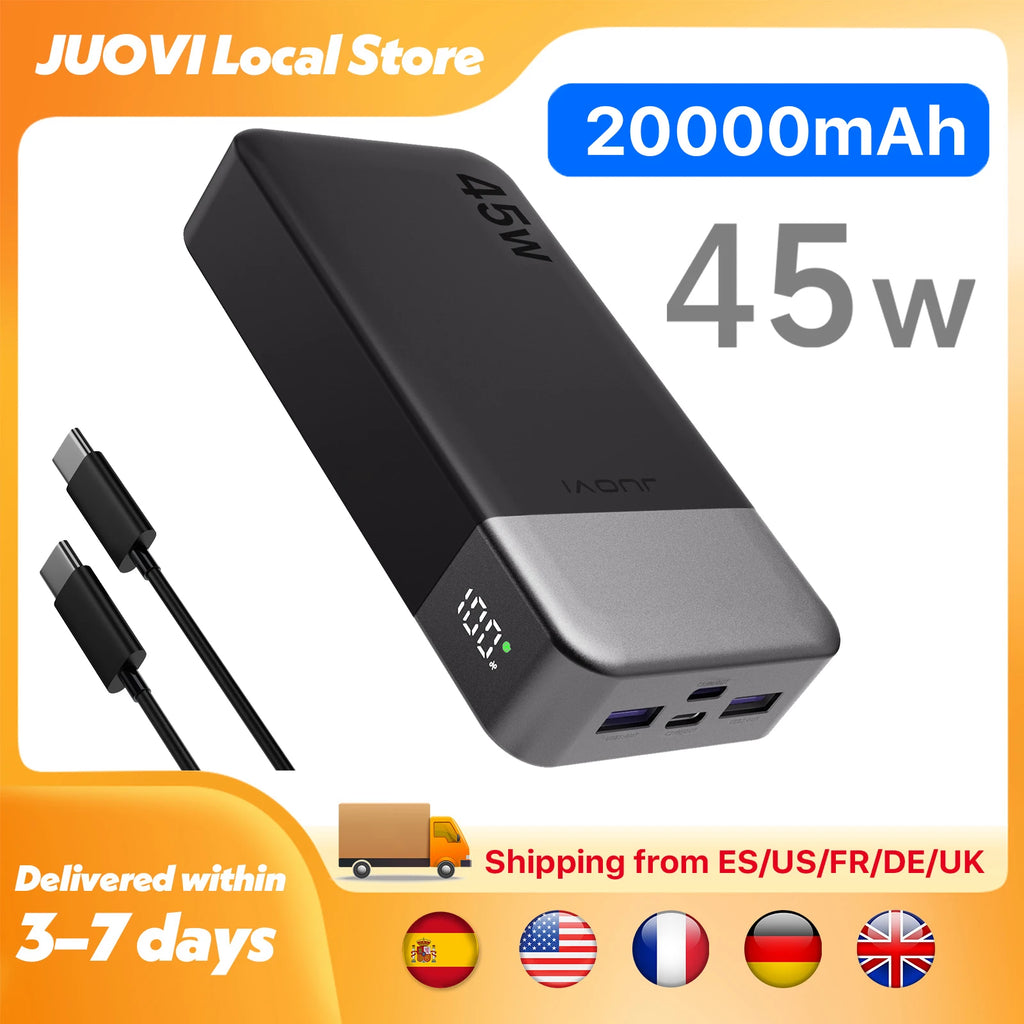 JUOVI Fast Charging Power Bank, 20000mAh 45W Portable Charger, Super Fast Charging with LED Display Portable Phone charger