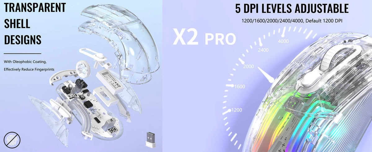 Wireless Gaming Mouse with RGB Charging Dock,Tri-Mode Mute Mouse RGB Backlit,Transparent Shell,PixArt 3212