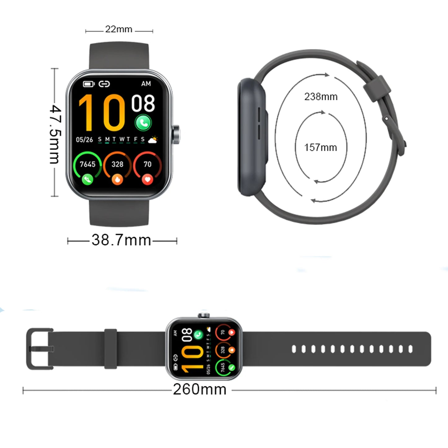 Smartwatch (Anrufe annehmen/tätigen), 1,96" Smartwatch, Fitness-Tracker, Schlafmonitor, Schrittzähler, über 100 Sportmodi, IP68 wasserdicht