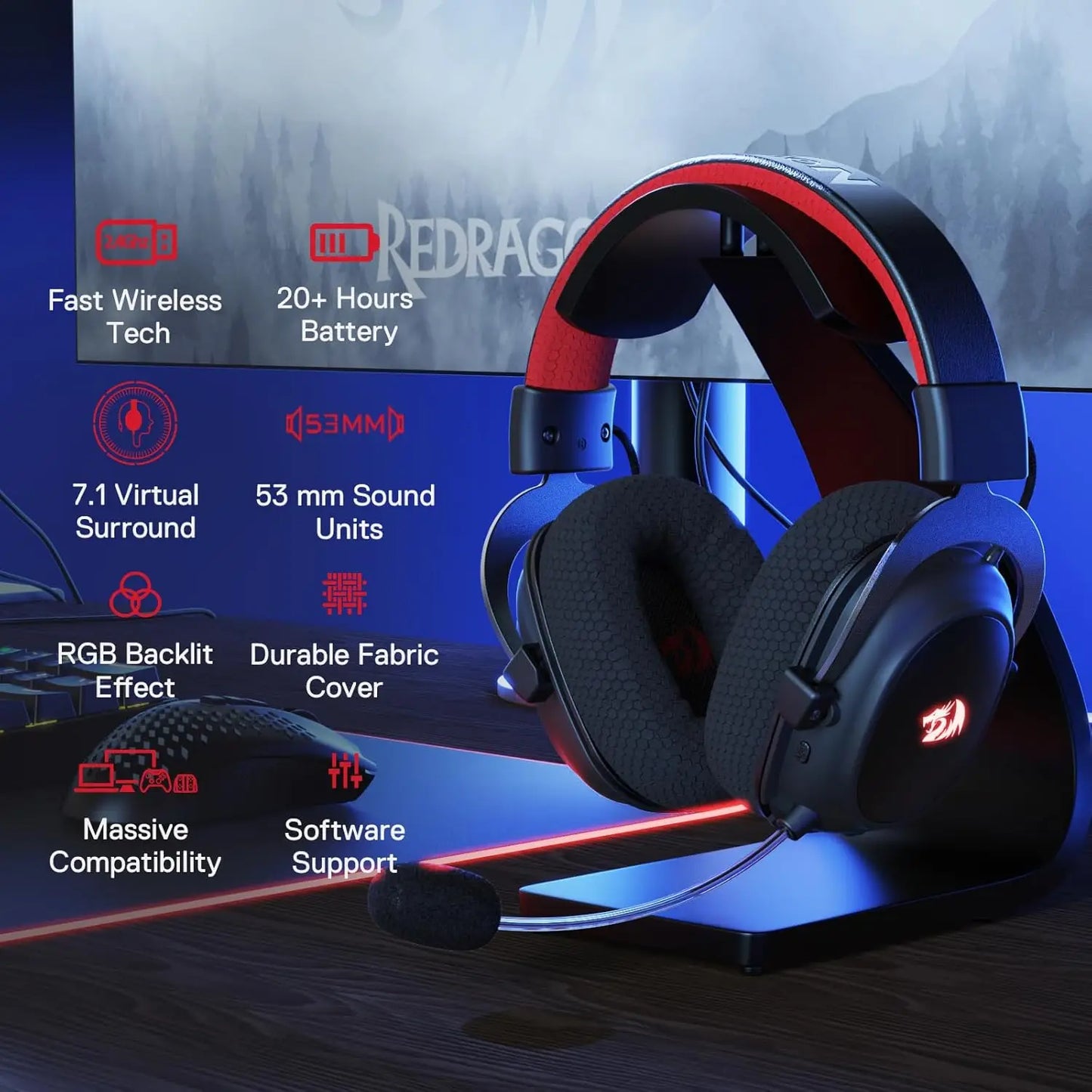 Redragon H510 PRO Zeus-X RGB Kabelloses Gaming-Headset 7.1 Surround Sound 53MM Audiotreiber Multiplattform-Kopfhörer