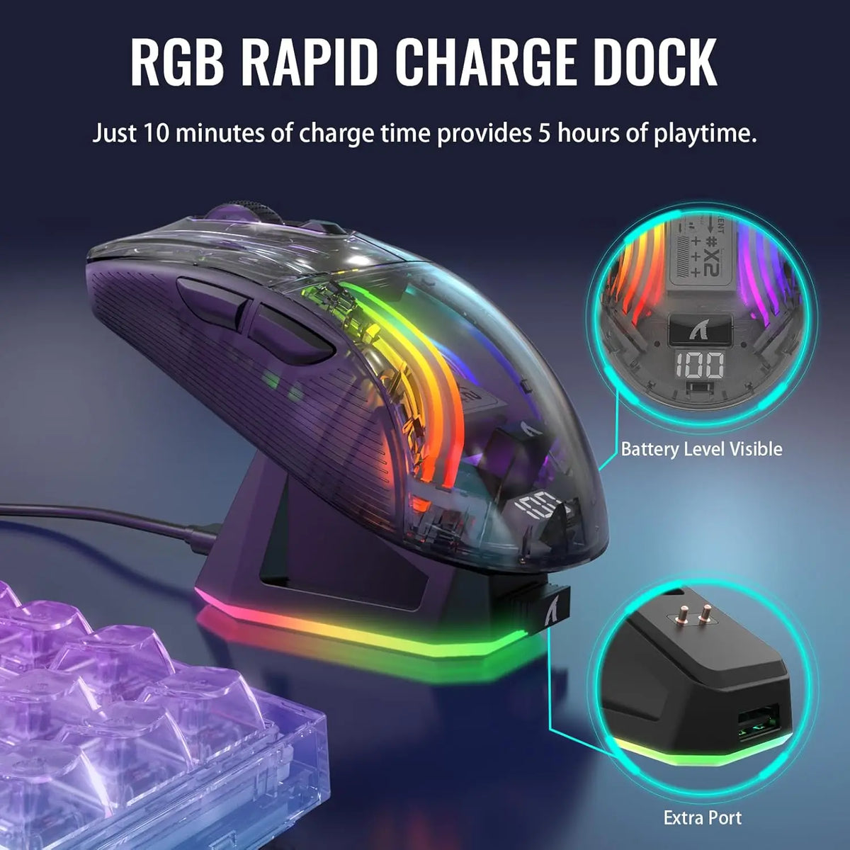 Wireless Gaming Mouse with RGB Charging Dock,Tri-Mode Mute Mouse RGB Backlit,Transparent Shell,PixArt 3212