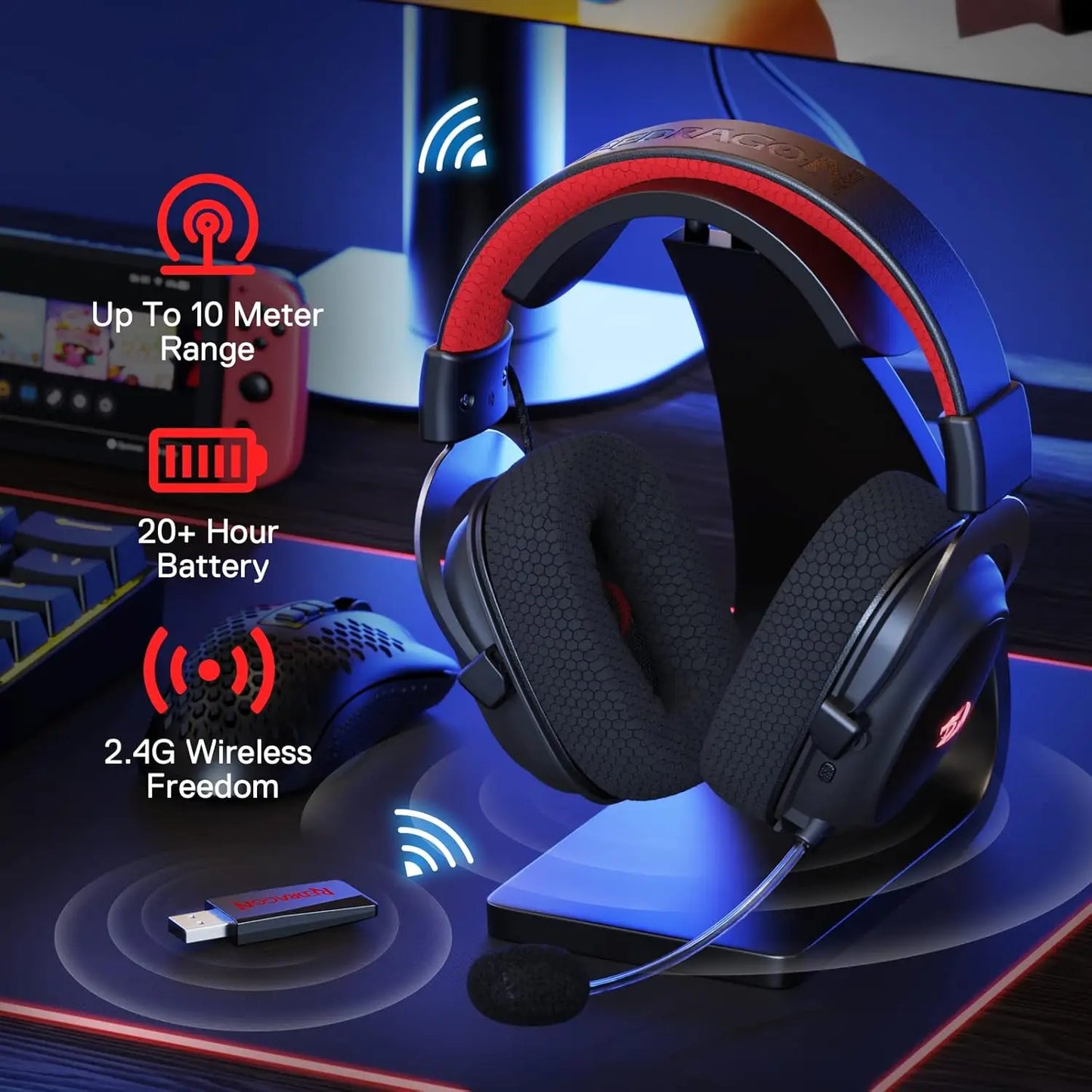 Redragon H510 PRO Zeus-X RGB Kabelloses Gaming-Headset 7.1 Surround Sound 53MM Audiotreiber Multiplattform-Kopfhörer