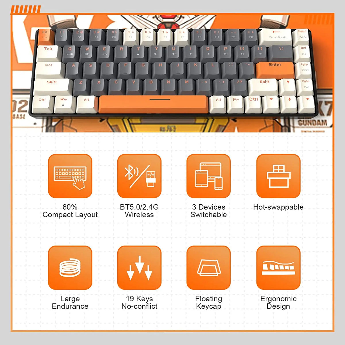 Wireless Mechanical Keyboard, Bluetooth 5.0/2.4GHz with Dual Mode 2-in-1 Receiver, 68-Key Hot-Swappable Gaming Keyboard