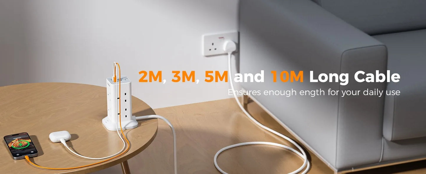 TESSAN Mehrfachsteckdosenleiste Turm mit 8 Steckdosen 3 USB-Ports mit Schalter UK Stecker 2m/5m Verlängerungskabel Überspannungsschutz