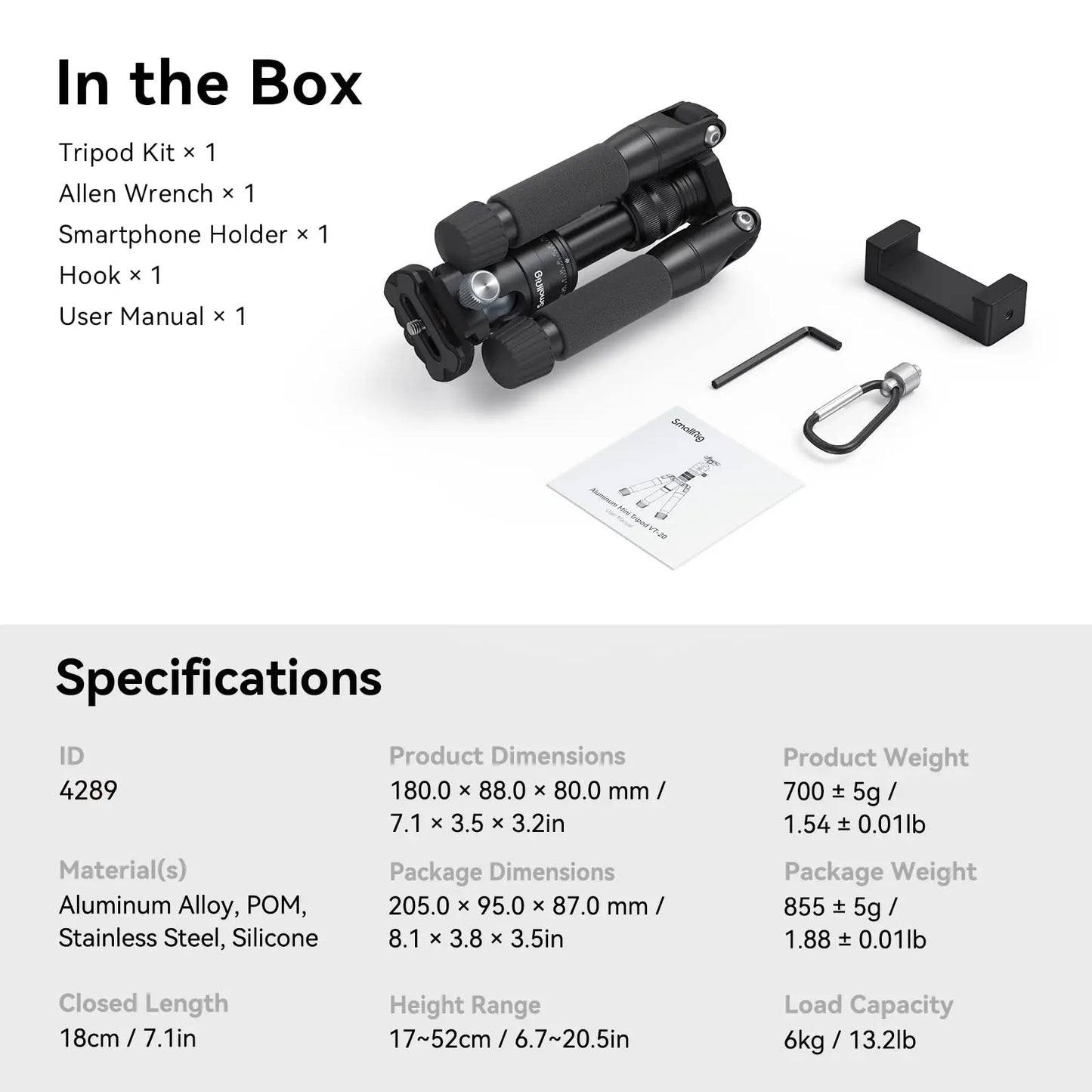 SmallRig Aluminum Mini Tripod VT-20 with 360° Ball Head for DSLR Camera Video Camcorder Load up to 13lb/6kg -4289