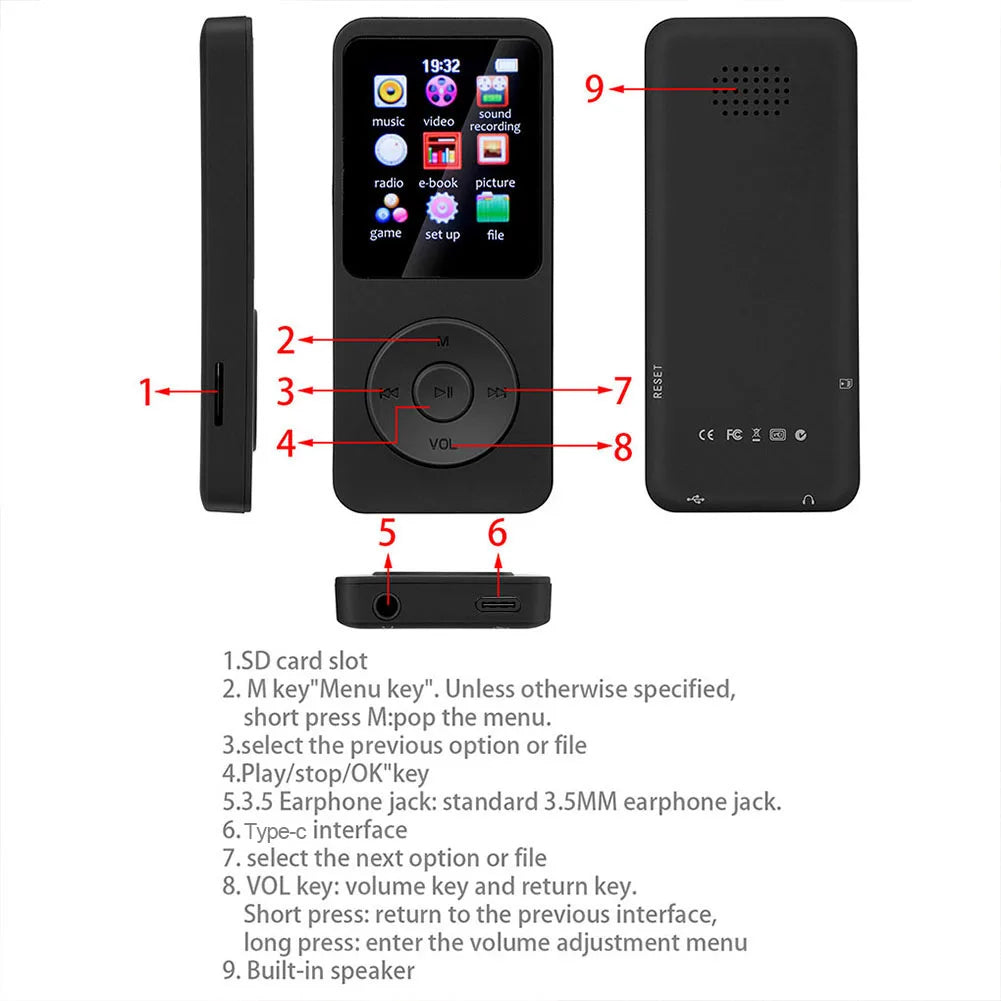 MP3 MP4 Player Bluetooth-Compatible5.0 Music Player 1.8in Color Screen Student Walkman with E-book/FM Radio/Recording