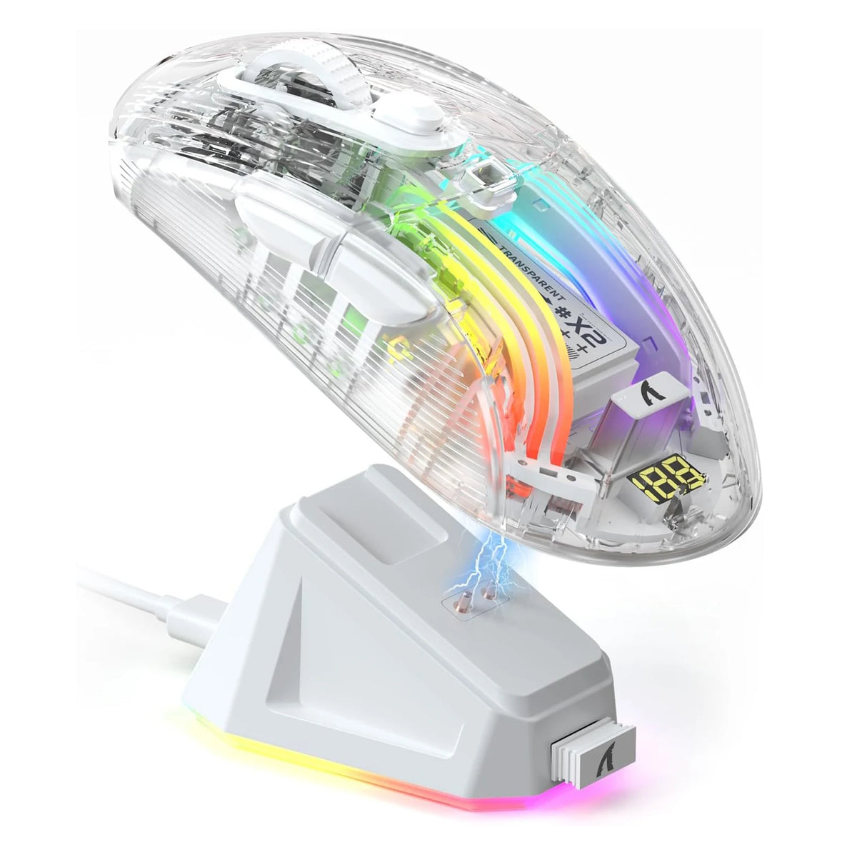 Wireless Gaming Mouse with RGB Charging Dock,Tri-Mode Mute Mouse RGB Backlit,Transparent Shell,PixArt 3212