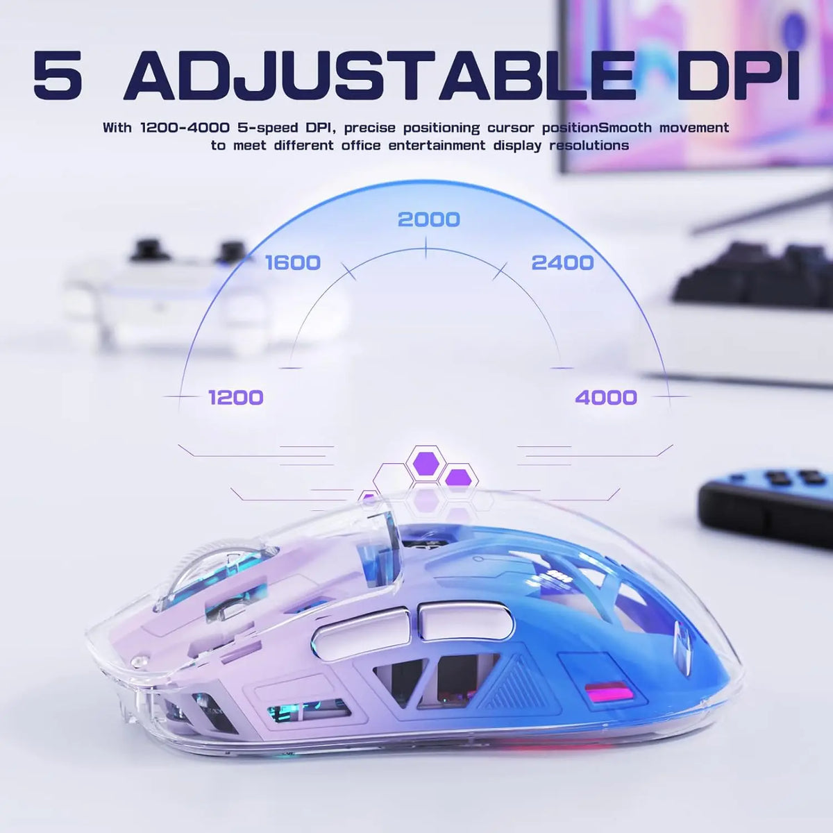 Wireless Gaming Mouse, BT 5.0/2.4G PC Rechargeable RGB Mice with Digital Screen,PixArt 3212, 5 Adjustable DPI