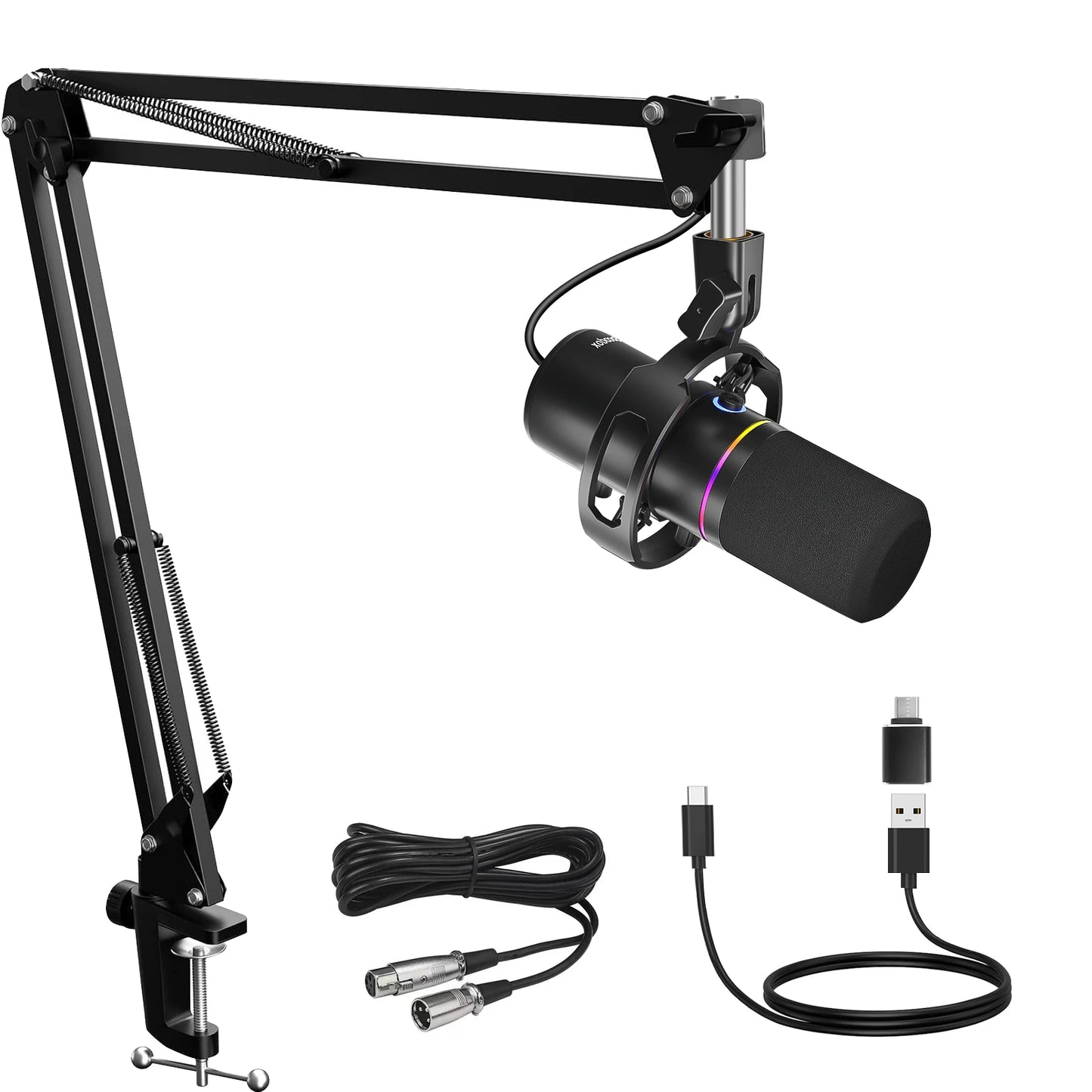 Kit de micrófono dinámico XLR/USB, micrófono de PC para streaming, podcasting, gaming, RGB, función de silencio y cancelación de ruido, volumen