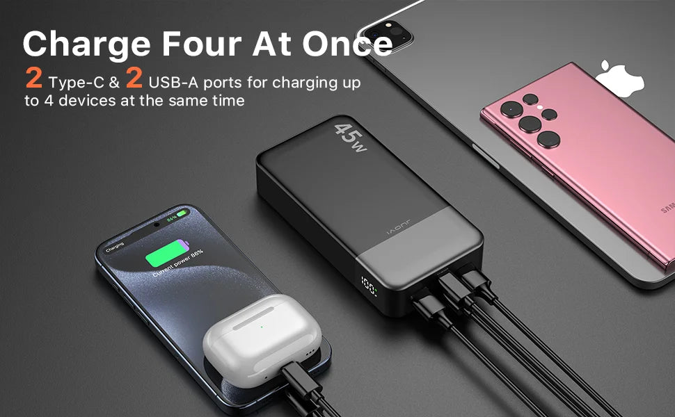 JUOVI Portable Charger, 20000mAh Power Bank, 35W Power Bank Fast Charging, Battery Pack with C to C Cable for iPhone 17 16 15