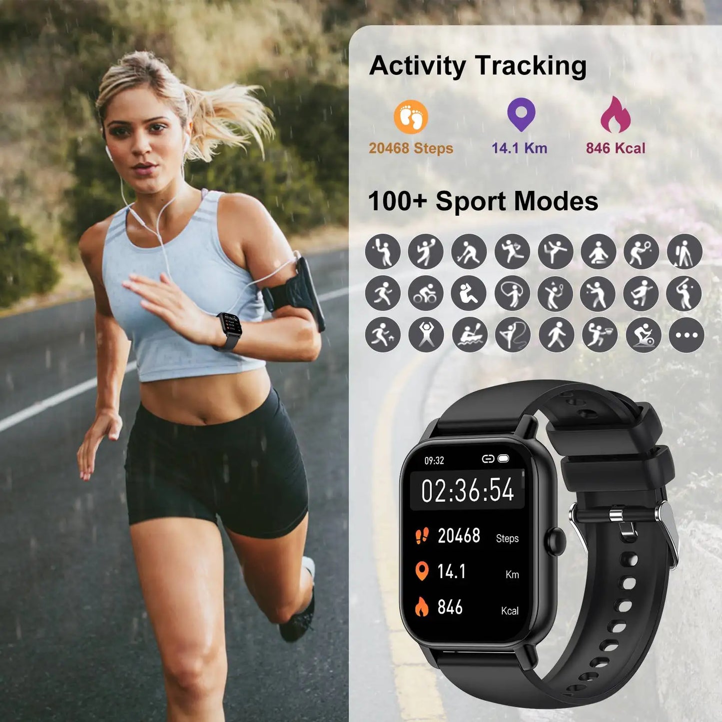 Reloj inteligente Jxrev, reloj deportivo de 1.85" con IP68 impermeable, más de 110 modos deportivos, rastreador de actividad física, reloj ultrafino.