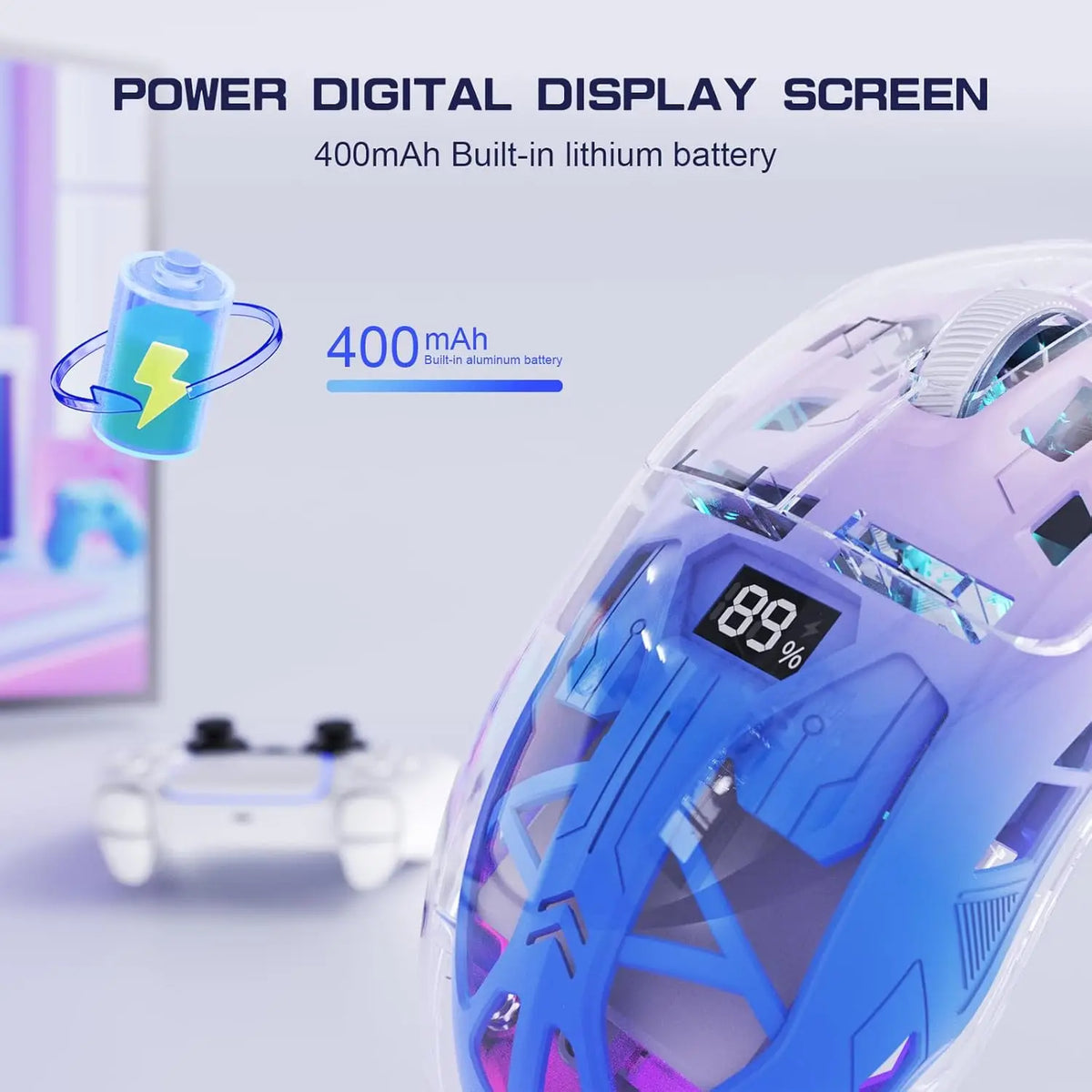 Wireless Gaming Mouse, BT 5.0/2.4G PC Rechargeable RGB Mice with Digital Screen,PixArt 3212, 5 Adjustable DPI