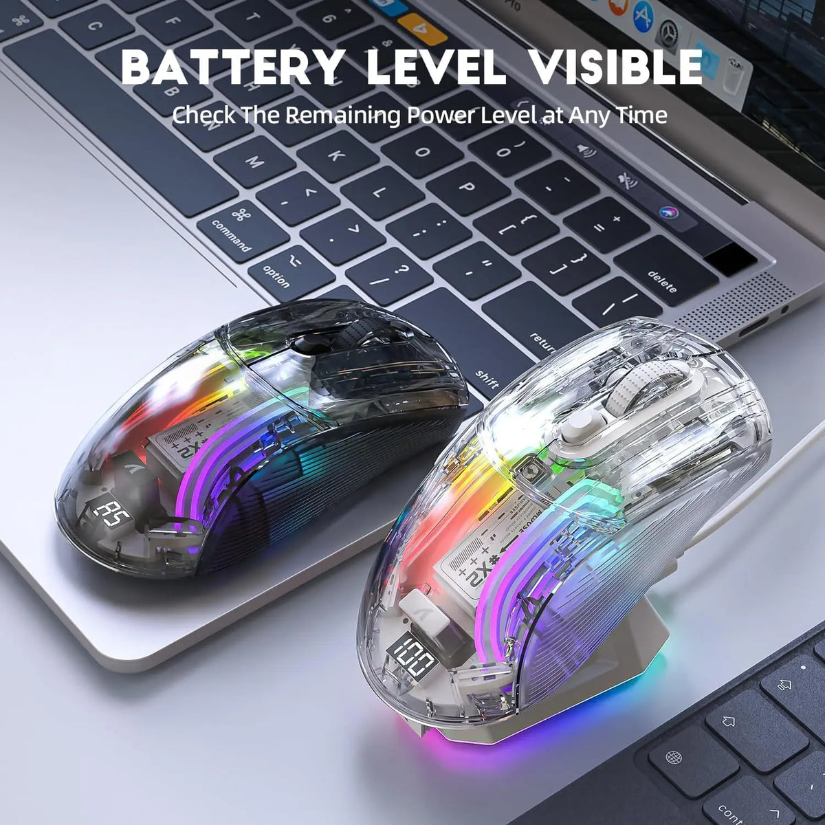 Wireless Gaming Mouse with RGB Charging Dock,Tri-Mode Mute Mouse RGB Backlit,Transparent Shell,PixArt 3212