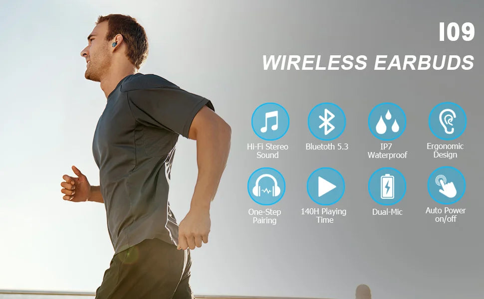 Bluetooth 5.3 Wireless Earbuds, IPX7 Waterproof Sports Earphones with Stereo Bass, In-Ear Noise Cancelling Mic, 140H Playtime.