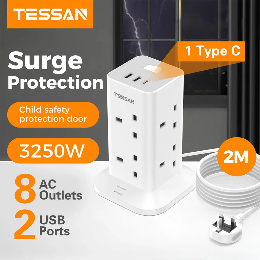 TESSAN Multi Tower Power Strip with 8 Outlet 3 USB Ports with Switch UK Plug Socket 2m/5m Extension Cord Surge Protection