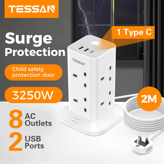 TESSAN Multi Tower Power Strip with 8 Outlet 3 USB Ports with Switch UK Plug Socket 2m/5m Extension Cord Surge Protection