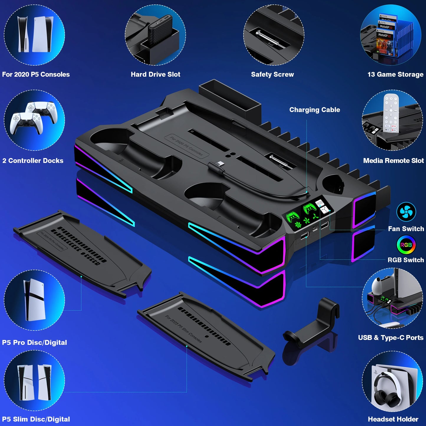BEBONCOOL S7001 Vertical Stand For NEW PlayStation 5 Slim/PlayStation 5 Cooling Station Notebook-Grade Cooler PS5 Charger