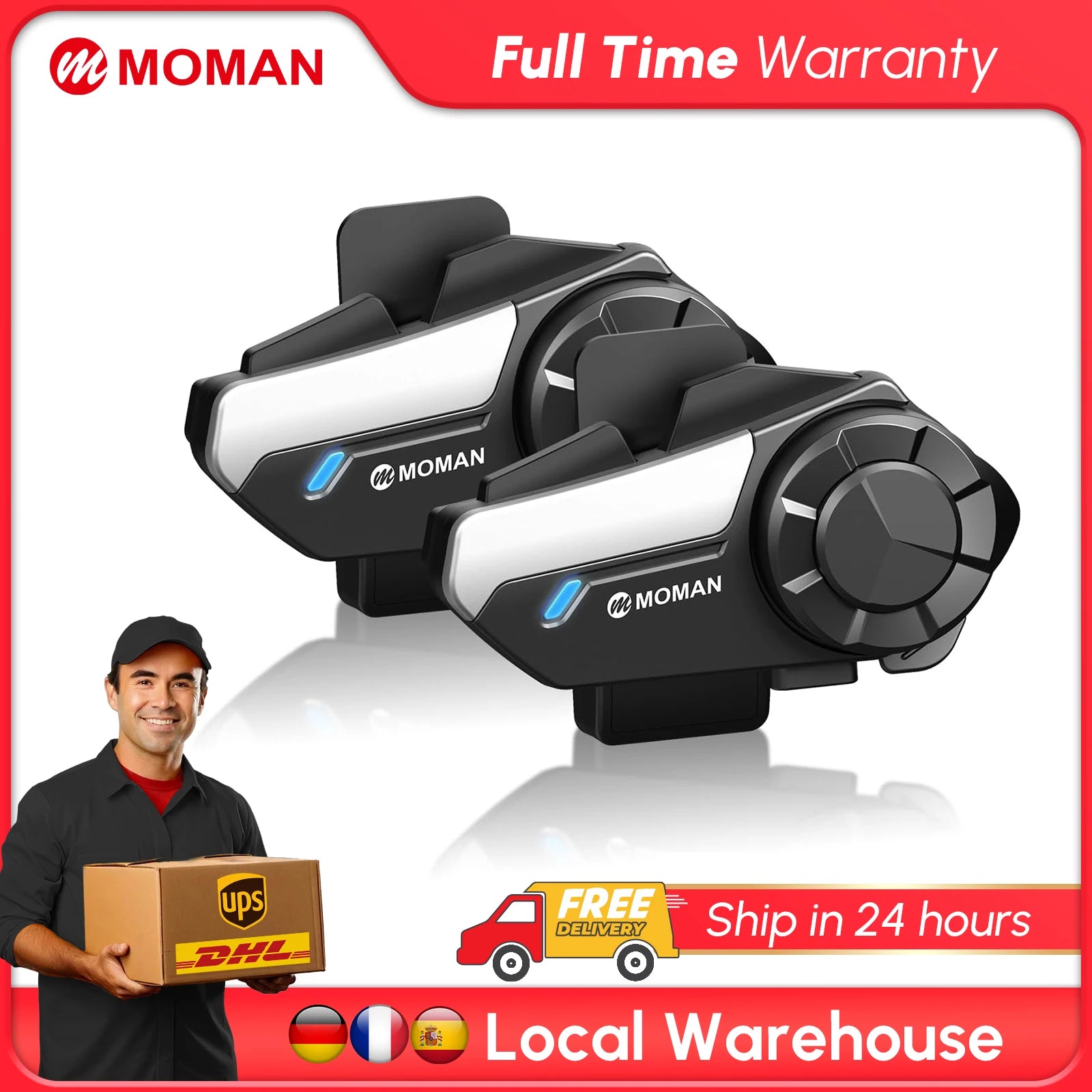 Moman Motorcycle Intercom System Helmet Headset Wireless Interphone H2S 1000M Wireless Music Sharing