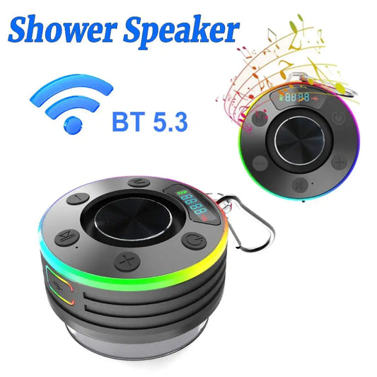 Bluetooth 5.3 Waterproof Shower Speaker with Suction Cup IPX7 for Beach Pool and Bathroom Use with FM Radio