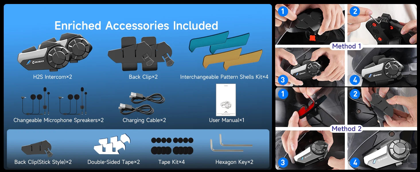Moman Motorcycle Intercom System Helmet Headset Wireless Interphone H2S 1000M Wireless Music Sharing