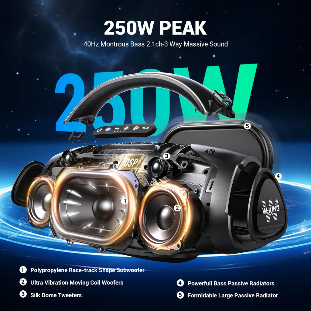 W-KING 330W Peak Wireless Boom Box Large Bluetooth Speaker 7.5" Subwoofer/IPX7 Waterproof Party Massive Bass for Outdoors