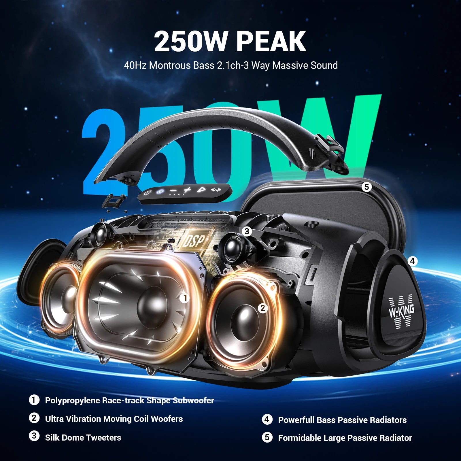 W-KING 330W Peak Wireless Boom Box Large Bluetooth Speaker 7.5" Subwoofer/IPX7 Waterproof Party Massive Bass for Outdoors