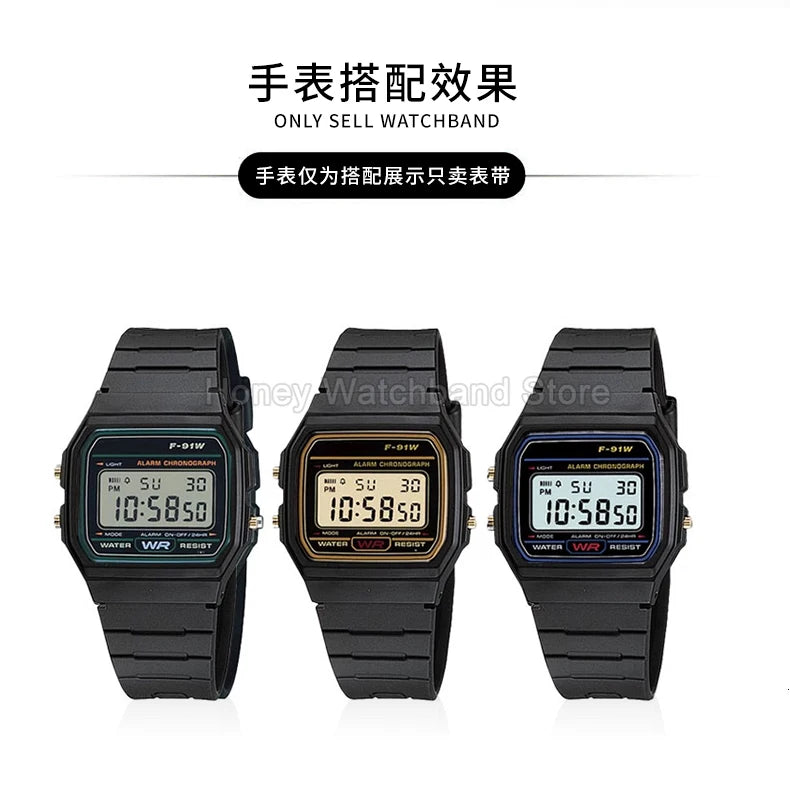 For Casio W-800H F-91W/84/94 Eco Friendly Recycled Resin Watch Strap Black 18mm Convex Fastener Hypoallergenic Quick Release