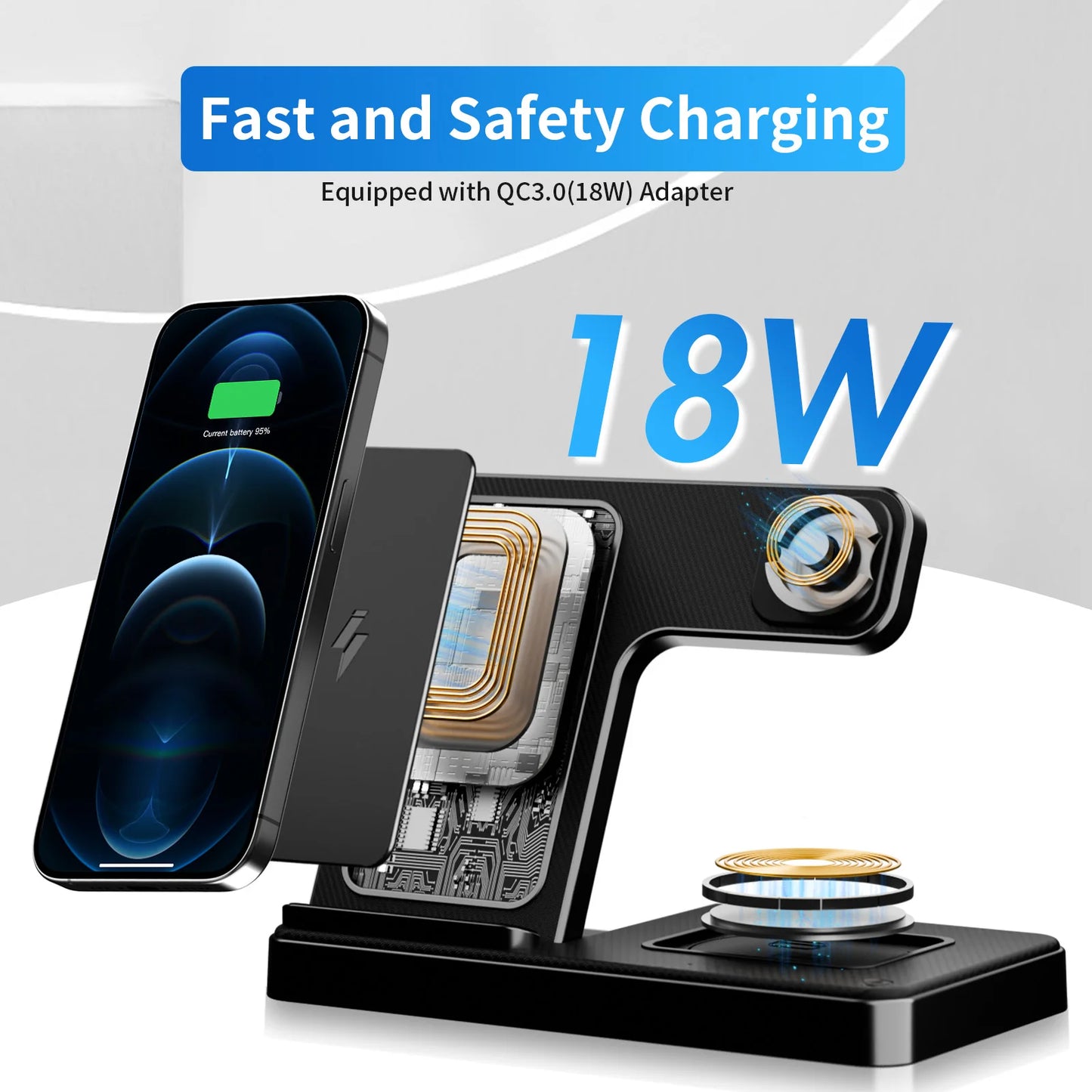 3-in-1 kabellose Ladestation, magnetisch, schnellladend, 18 W, faltbar, für iPhone 16 15 14 13 12 Pro/Pro Max/Plus/Watch & AirPods