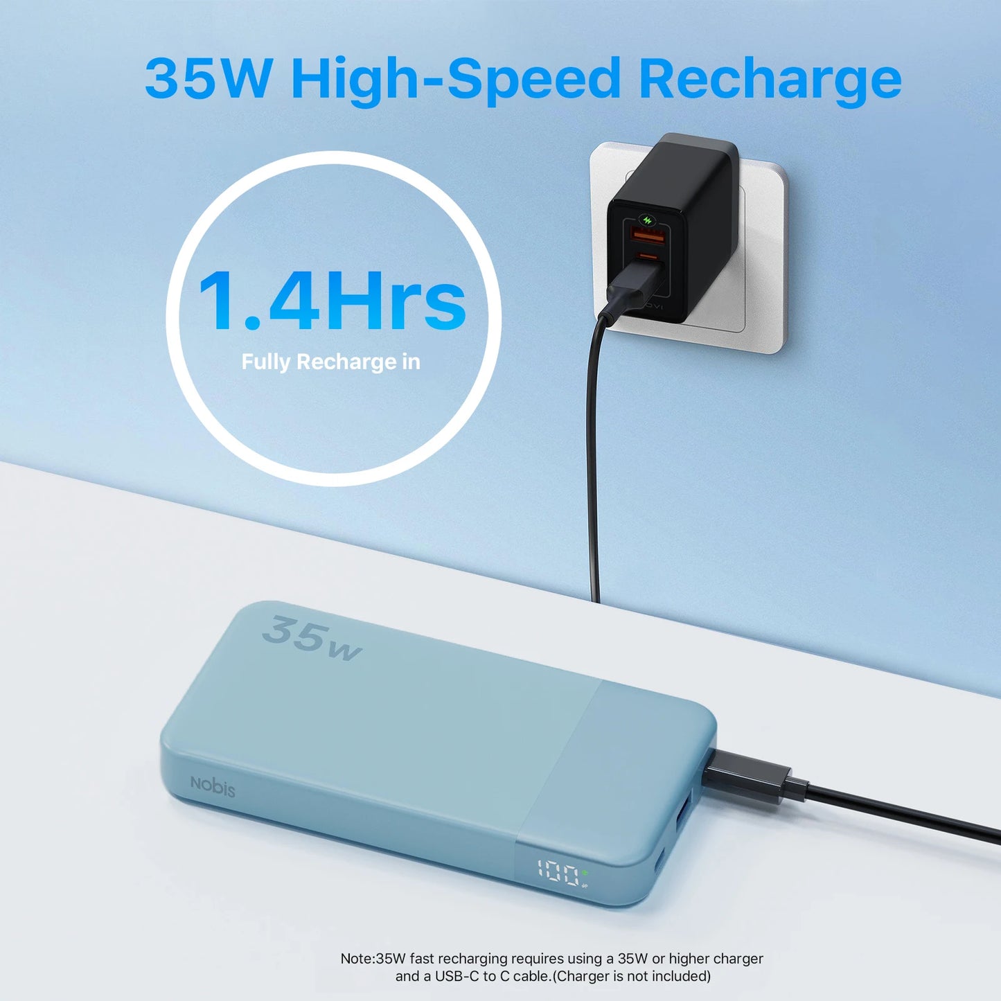 NOBIS N3510 Slim Powerbank 10000mAh Mini Hosentaschenformat Kleiner Tragbarer Externer Akku 35W Schnellladung für iPhone