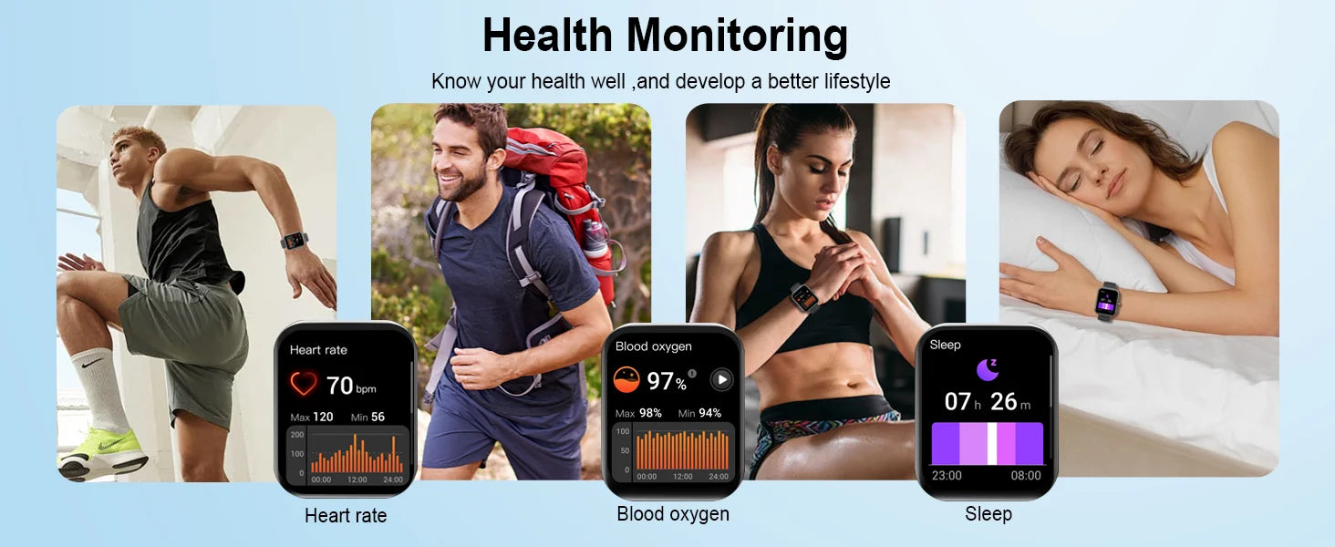 Smart Watch(Answer/Make Calls), 1.96" Smartwatches, Fitness Tracker, Sleep Monitor, Pedometer, 100+ Sport Modes, IP68 Waterproof