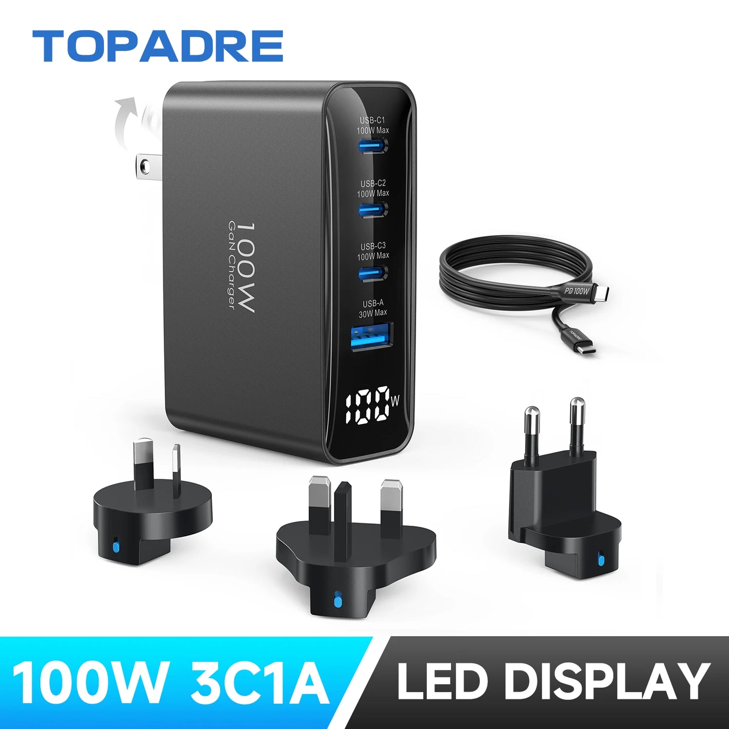 Cargador de viaje USB C de 100 W, adaptador de viaje plegable de 4 puertos con enchufes UK/EU/AU, carga rápida para iPad iPhone