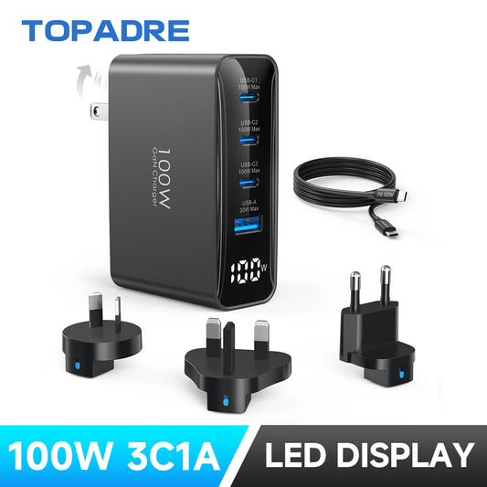 100W USB C Reise-Ladegerät, 4-Port faltbarer Reiseadapter-Stecker mit UK/EU/AU-Steckern, Schnellladung für iPad iPhone
