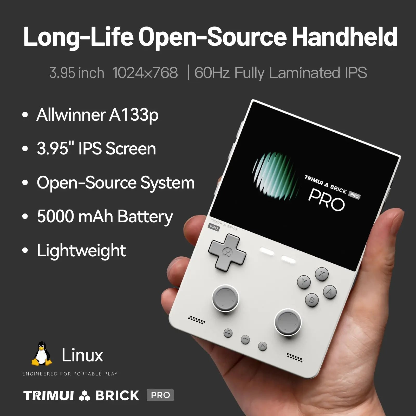 TRIMUI BRICK PRO Handheld Game Console 3.95'' IPS Screen RGB Top Light Dual Hall Joysticks  A133P Linux 4.9 System 5000mAhGifts