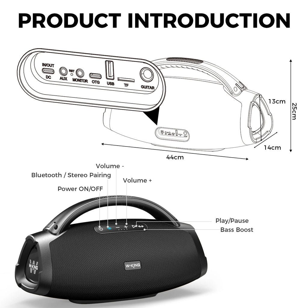W-KING 330W Peak Wireless Boom Box Large Bluetooth Speaker 7.5" Subwoofer/IPX7 Waterproof Party Massive Bass for Outdoors