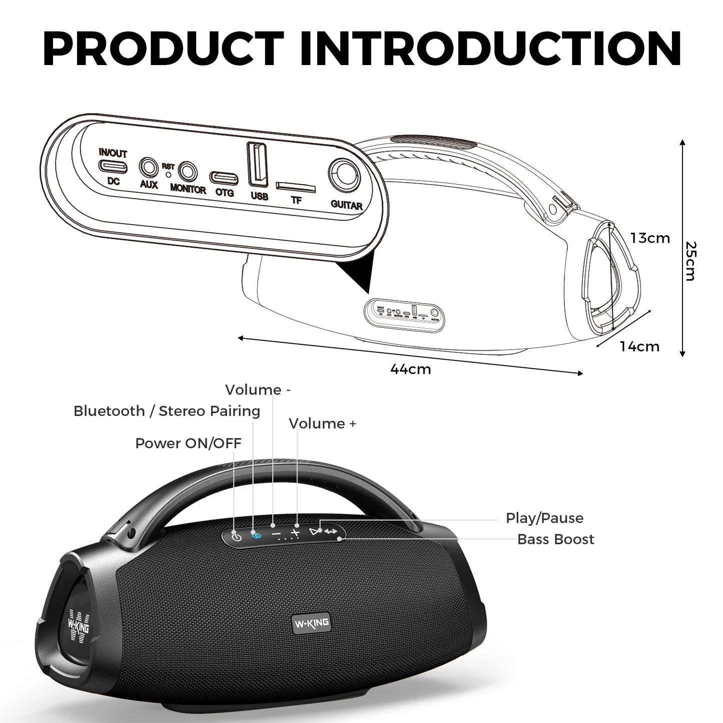 W-KING 330W Pico Altavoz inalámbrico tipo Boom Box grande con Bluetooth, Subwoofer de 7.5"/IPX7 a prueba de agua, Graves masivos para fiestas al aire libre