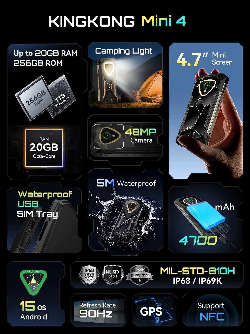 [Ship From UK] Cubot KingKong Mini 4 4.7-Inch Display Rugged Smartphone 4700mAh 6GB+128GB NFC 48MP Camping Light Android 15