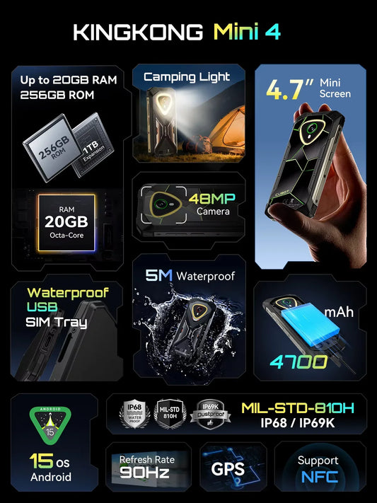 [Versand aus UK] Cubot KingKong Mini 4 4,7 Zoll Display Robustes Smartphone 4700mAh 6GB+128GB NFC 48MP Campinglicht Android 15