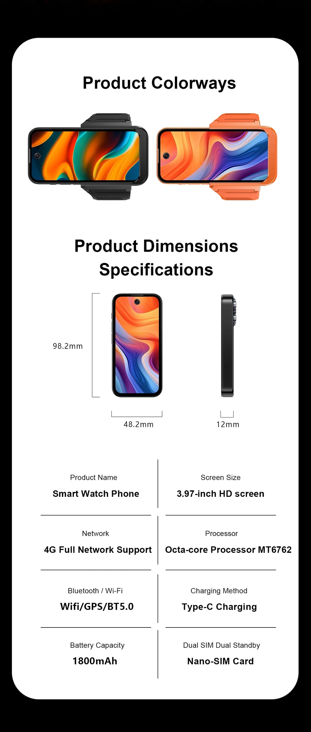 PG999 Smartwatch Phone Touch Screen 4G Wi-Fi GPS Dual SIM Dual StandbGlobal Connect Octa-Core Powerhouse HD Cameras Android 12