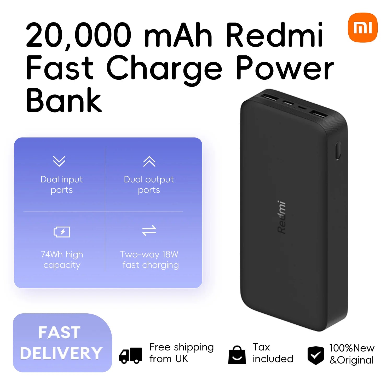 Xiaomi 20000mAh Redmi 18W Fast Charge Power Bank Black, High Capacity of 20000mAh, Two-way 18W Fast Charge, Low-current Charging