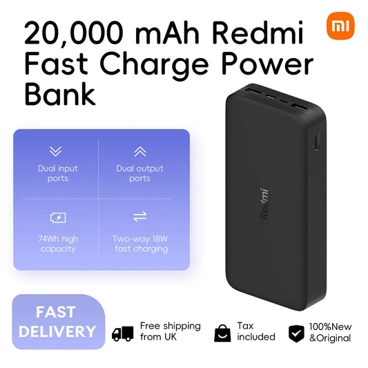 Xiaomi 20000mAh Redmi 18W Fast Charge Power Bank Schwarz, Hohe Kapazität von 20000mAh, Zwei-Wege 18W Schnellladung, Niedrigstromladung