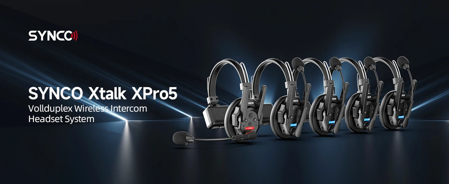 SYNCO XTALK XPRO5 Drahtloses Intercom-Headset 2,4 GHz Vollduplex 24 Std. Akkulaufzeit 500 m Reichweite Echtzeit-Teamkommunikation