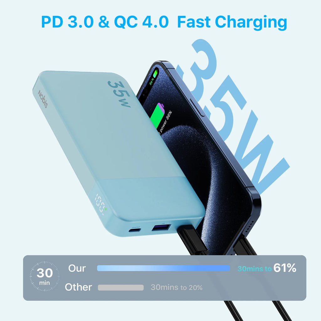 NOBIS N3510 Slim Power Bank 10000mAh Mini Pocket-Sized Smaller Portable Charger External Battery 35W Fast Charging For iPhone