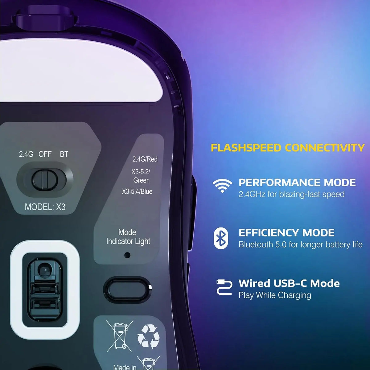 Wireless Gaming Mouse, 49g Tri-Mode,PAW3395 26K DPI Sensor, 200h Battery Life,5 Programmable Buttons