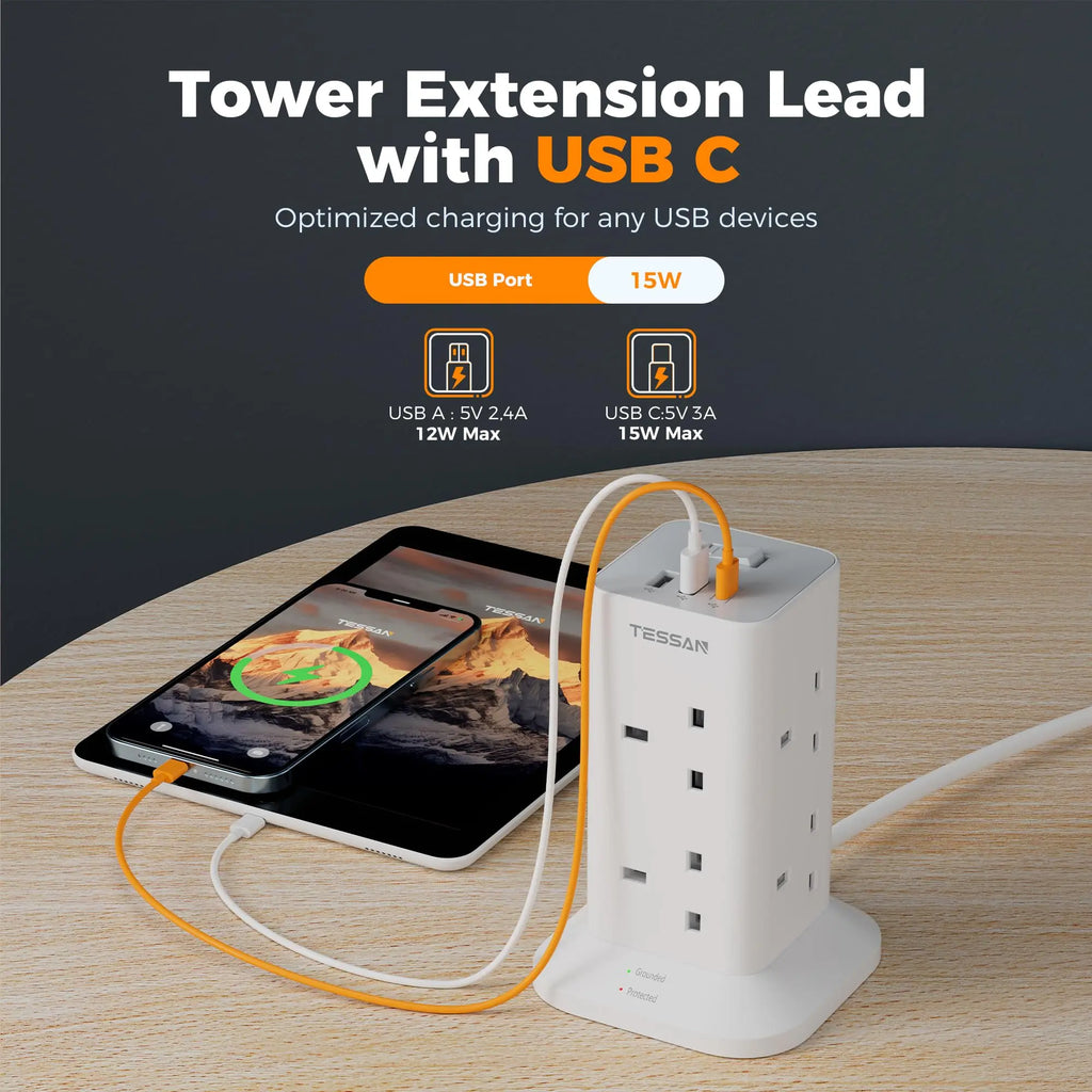 TESSAN Multi Tower Power Strip with 8 Outlet 3 USB Ports with Switch UK Plug Socket 2m/5m Extension Cord Surge Protection