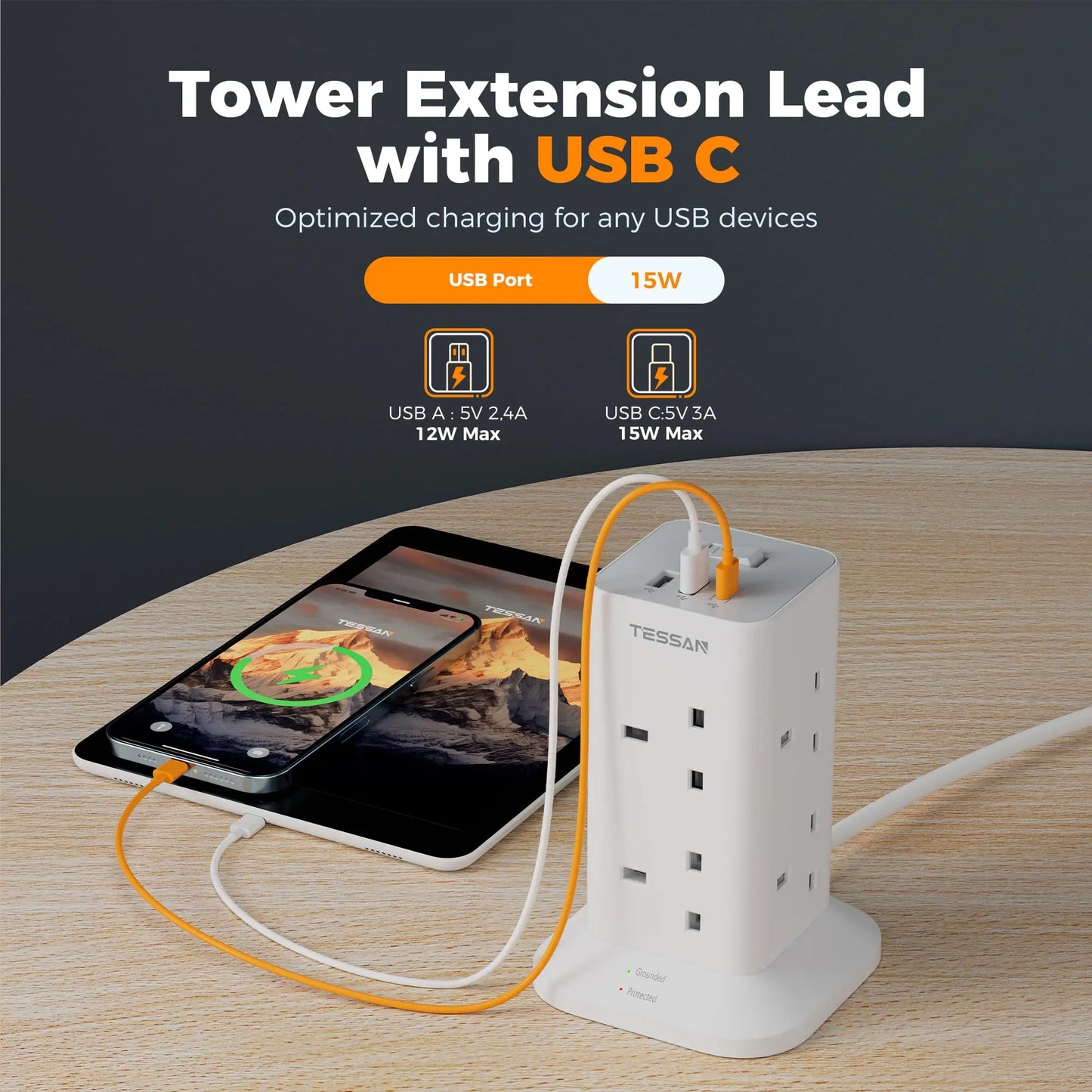 TESSAN Mehrfachsteckdosenleiste Turm mit 8 Steckdosen 3 USB-Ports mit Schalter UK Stecker 2m/5m Verlängerungskabel Überspannungsschutz