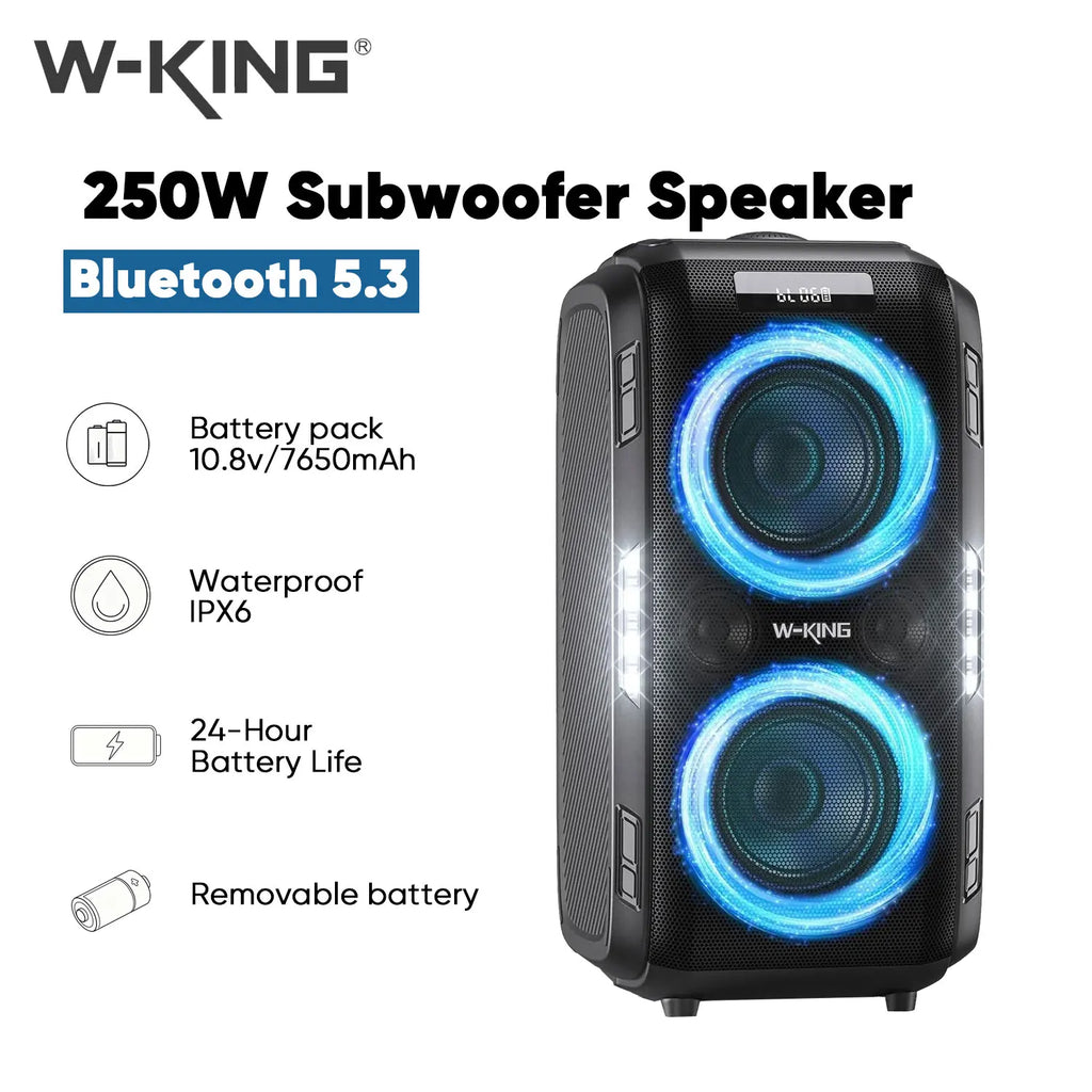 W-KING 250W MAX Party Wireless Bluetooth Speaker Portable Speaker 12 Custom Deep Bass Powerful Boom Box Design with USB Playback